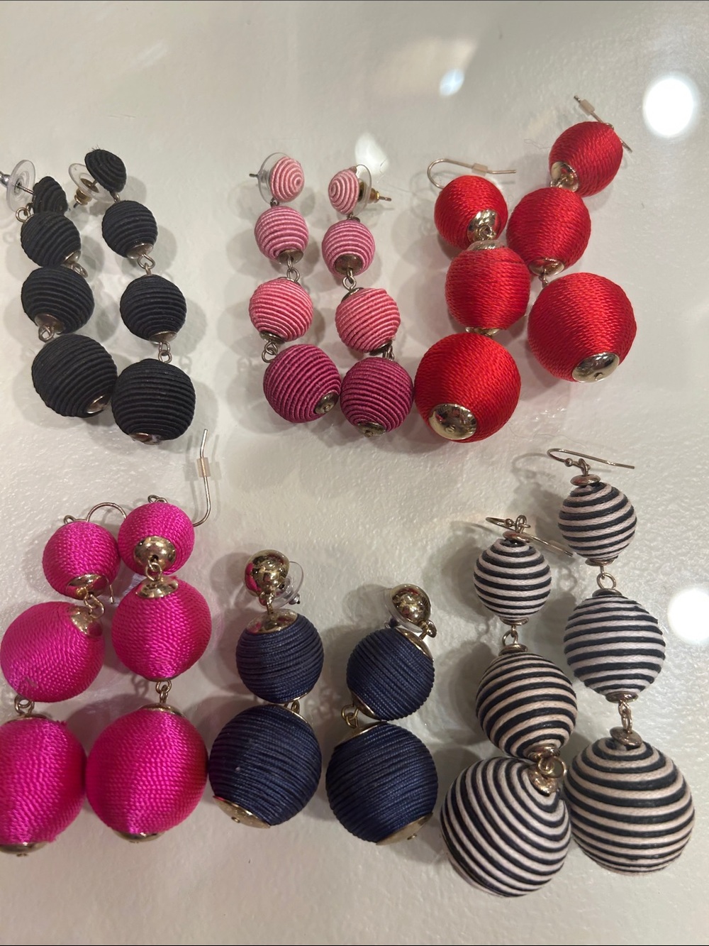 6 pairs Triple Bead Satin Drop Earrings - Pink, Navy, Black & Red